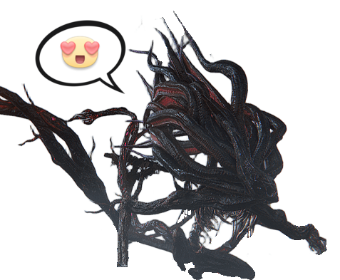 An eldritch creature with a heart-eyes emoji in its thought bubble